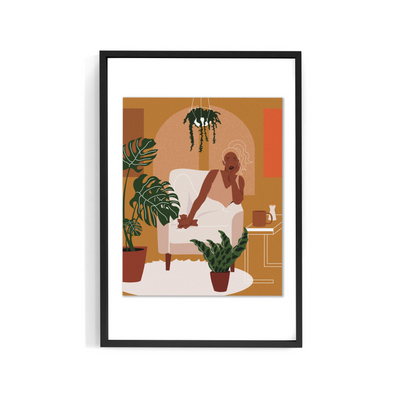 wall art thaat illustrates a woman cozied up in an armchair surrounded by plants