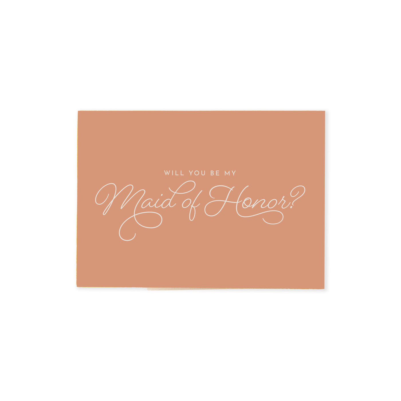 peach colored Be my maid of honor proposal card that reads "will you be my maid of honor?" in white cursive font