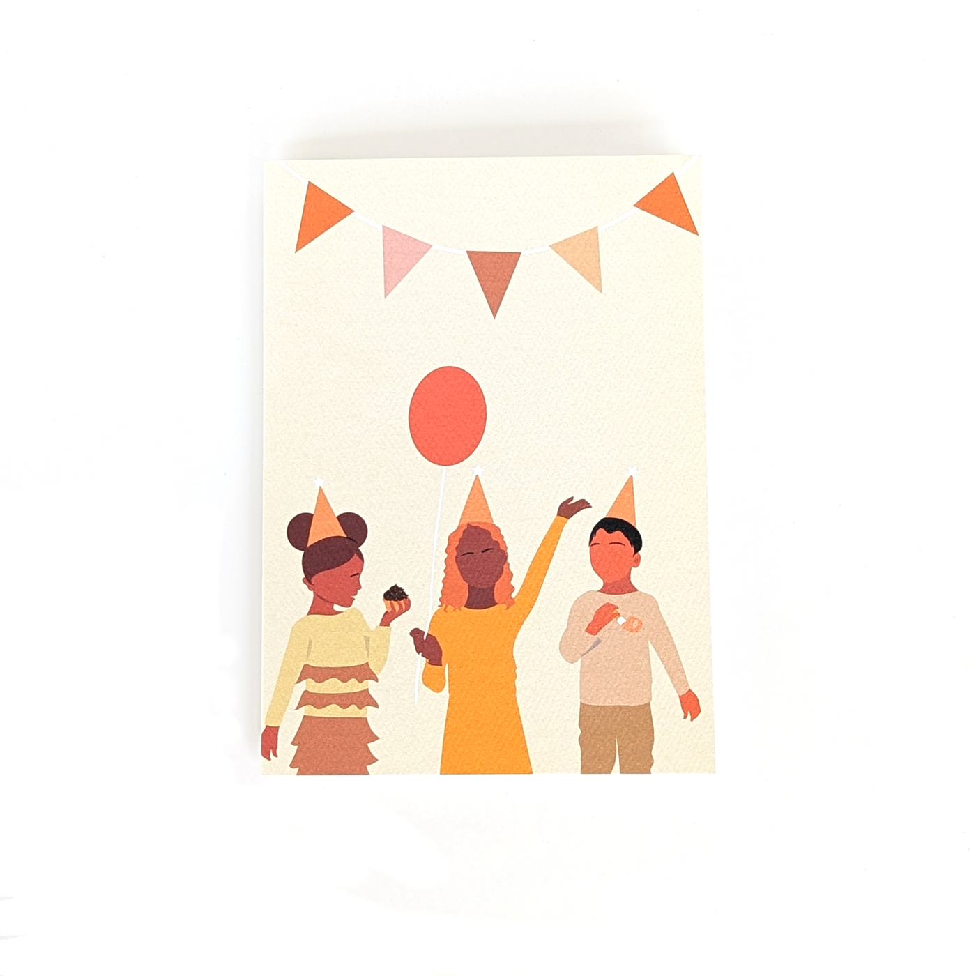 kids birthday card that that showcases three children of color donning festive party hats and holding colorful balloons.