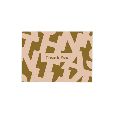 Thank you greeting card thank reads "thank you" and has the letter's of "Thank you" in the background'