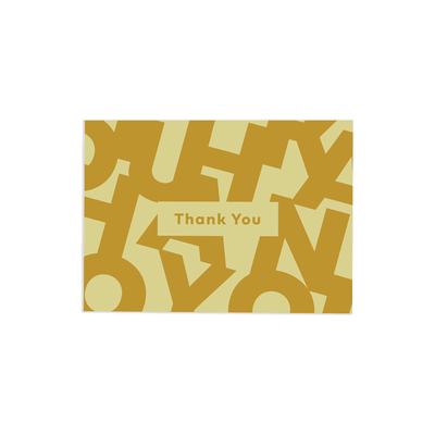 yellow shaded Thank you greeting card thank reads "thank you" and has the letter's of "Thank you" in the background'
