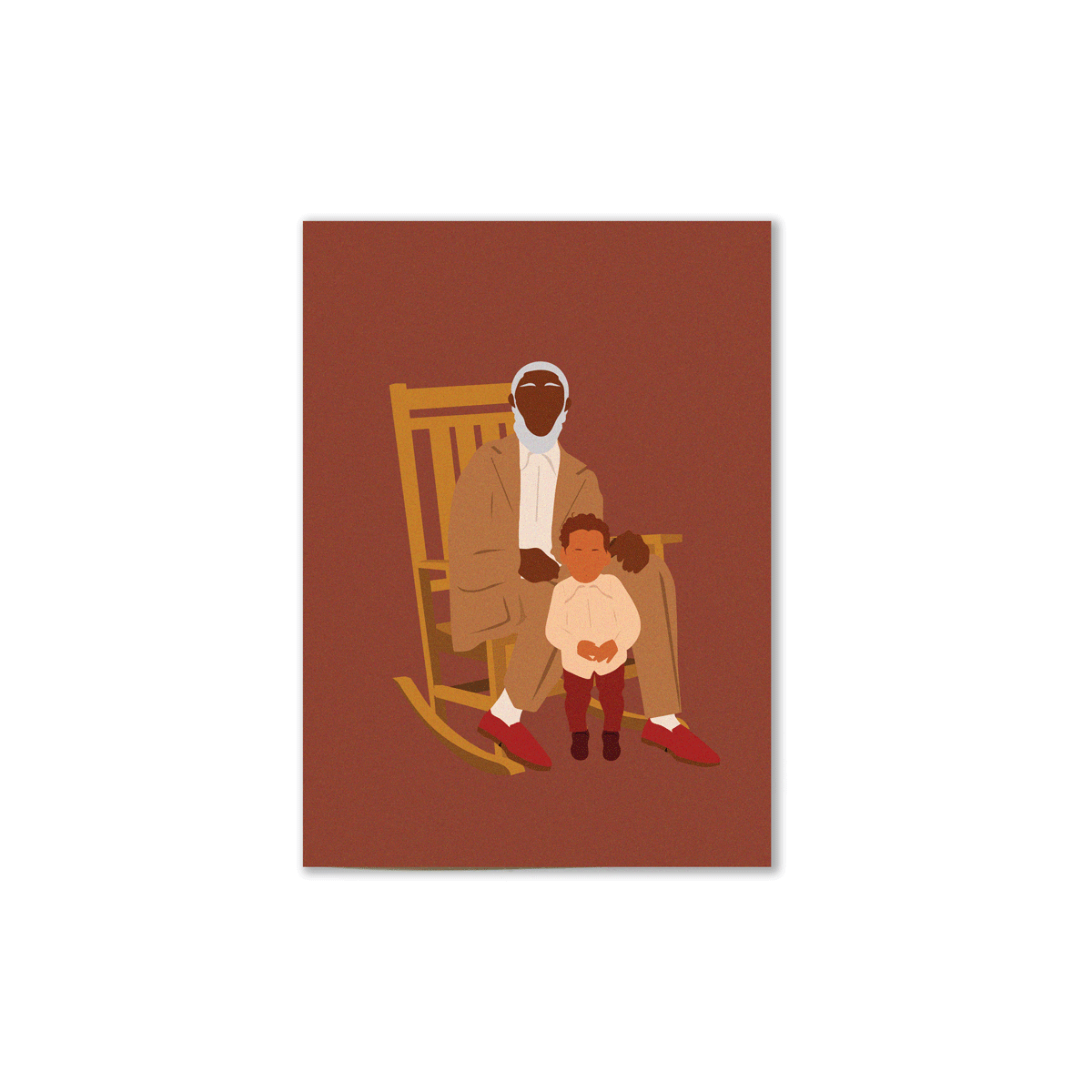 kinfolk card number 8 that shows an illustration of a grandfather in a rocking chair with their grandson