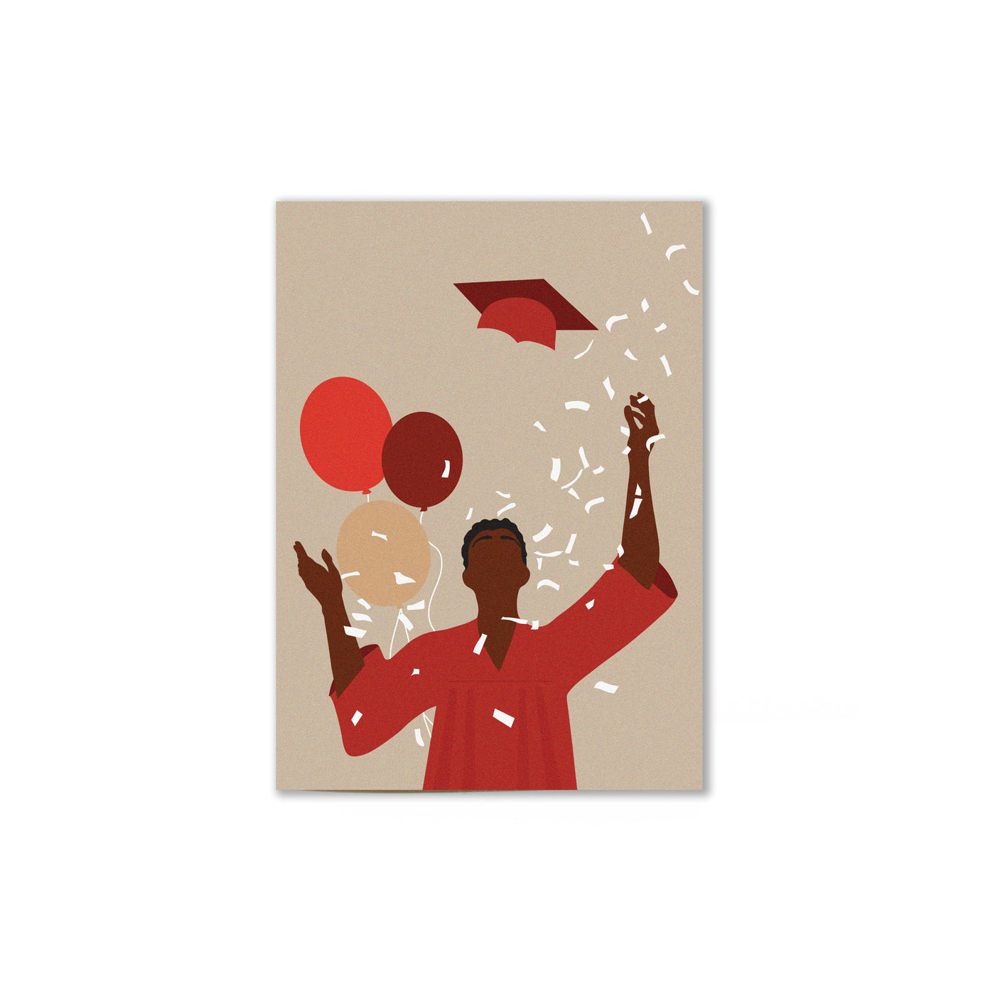 cream colored card that illustrates a black person throwing up graduation cap with red toned balloons and gown. 