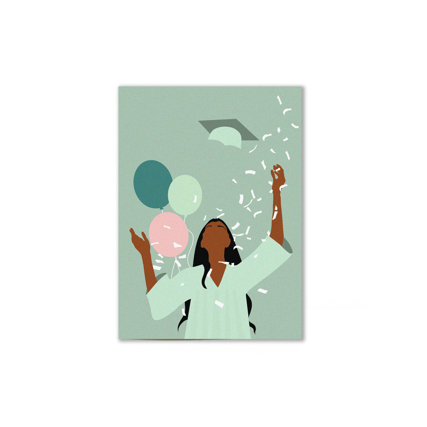 sage colored card that illustrates a black woman throwing up graduation cap with sage toned gown and balloons.