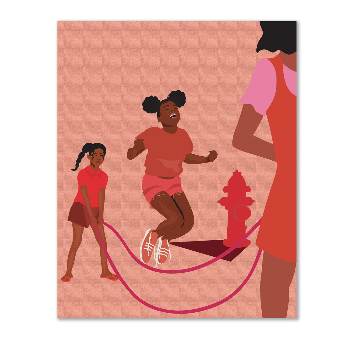 pink and red toned double dutch wall art that has three young black girls play double dutch next to a fire hydrant.