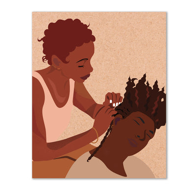 wall artwork that illustrates a black woman getting her hair braided into cornrows.