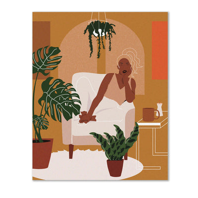 wall art that illustrates a woman cozied up in an armchair surrounded by plants