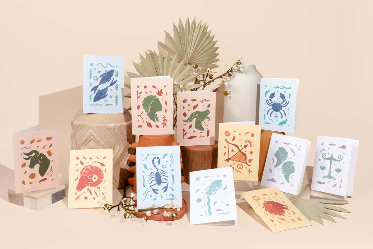 full set of aya paper astrology greeting cards with all of the horoscope signs