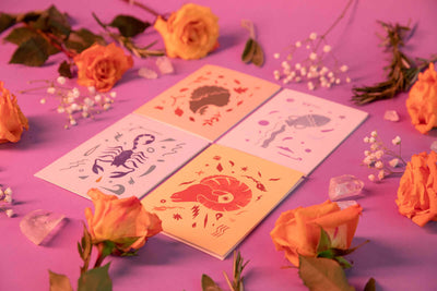 set of 4 astrology cards aries, scorpio, aquarius, and virgo