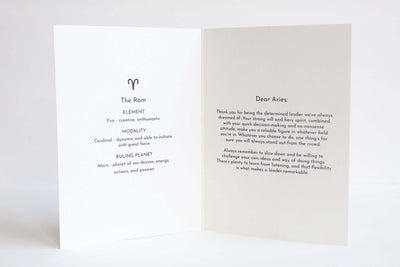 inside of Aries card with Aries characteristics and a message to Aries