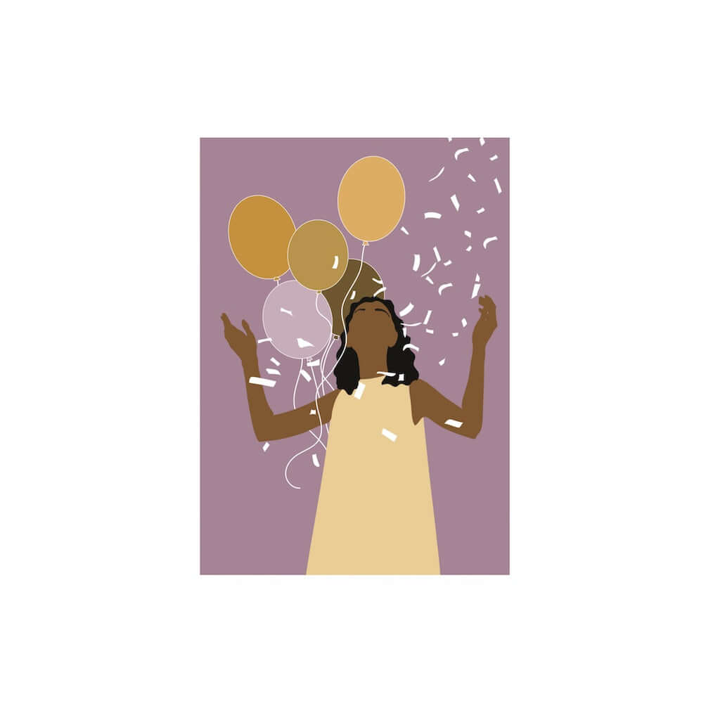 illustration of an African American woman wearing a pastel yellow dress, holding pastel yellow balloons, against a purple background, celebrating with white confetti.