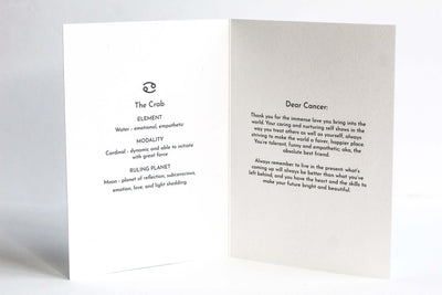 inside of cancer astrology greeting card with cancer characteristics and a message to a cancer.