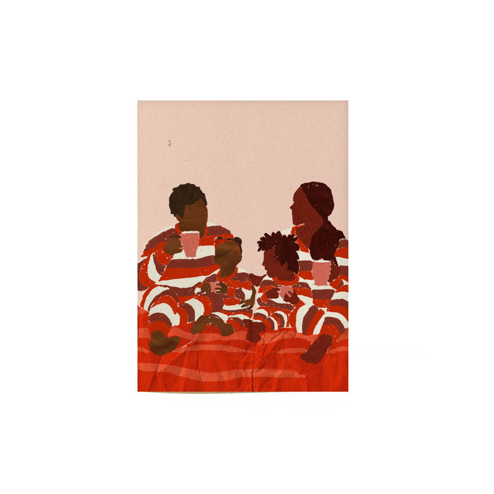 family greeting card that depicts and illustration of a black family wearing matching red, white, and maroon pajamas while holding mugs.
