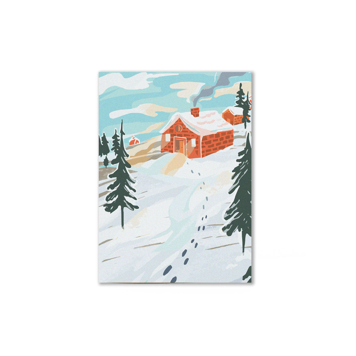 holiday cabin illustration card that depicts a cozy cabin in snowy environment