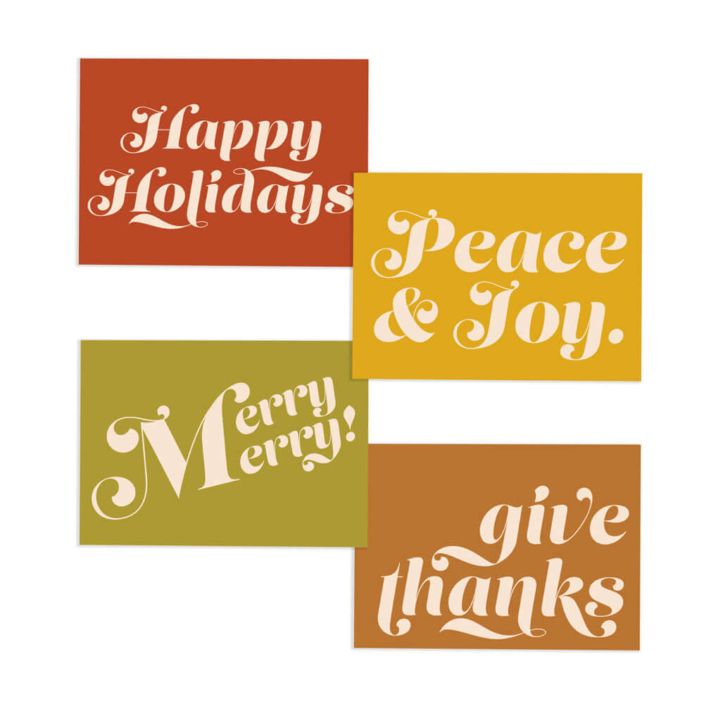 4 card set of Holiday messages. Each card has its own message and they each come in a different color of red, green, yellow, and brown