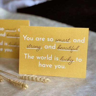 A set of affirmation greeting cards featuring a cheerful yellow color, designed to inspire positivity and self-confidence.