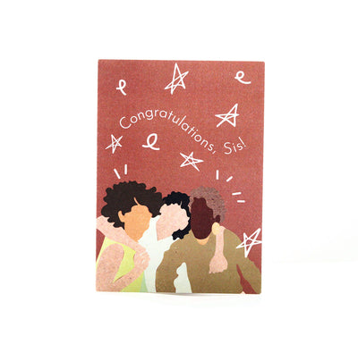 red card that reads "congratulations sis" with an illustration of 3 people hugging and white stars.