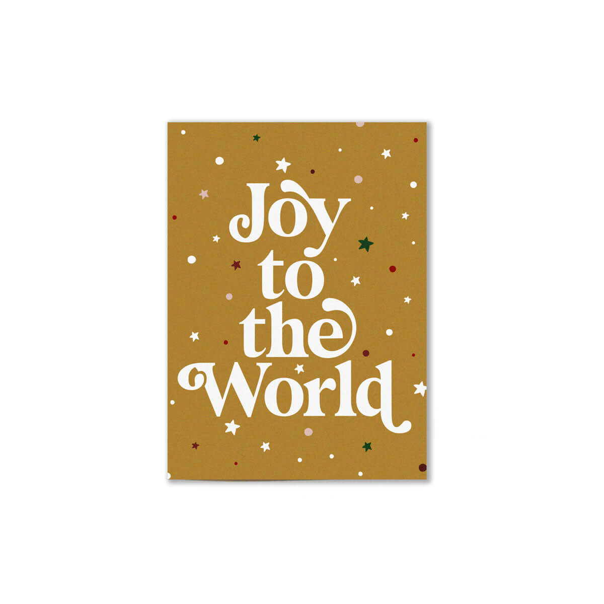 festive brownish gold card that reads "Joy to the World' in large white text with colorful stars in the background.