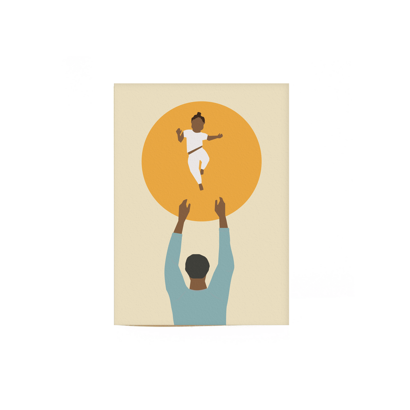 kinfolk card number 5 that illustrates a small child being playfully tossed into the air by a male figure