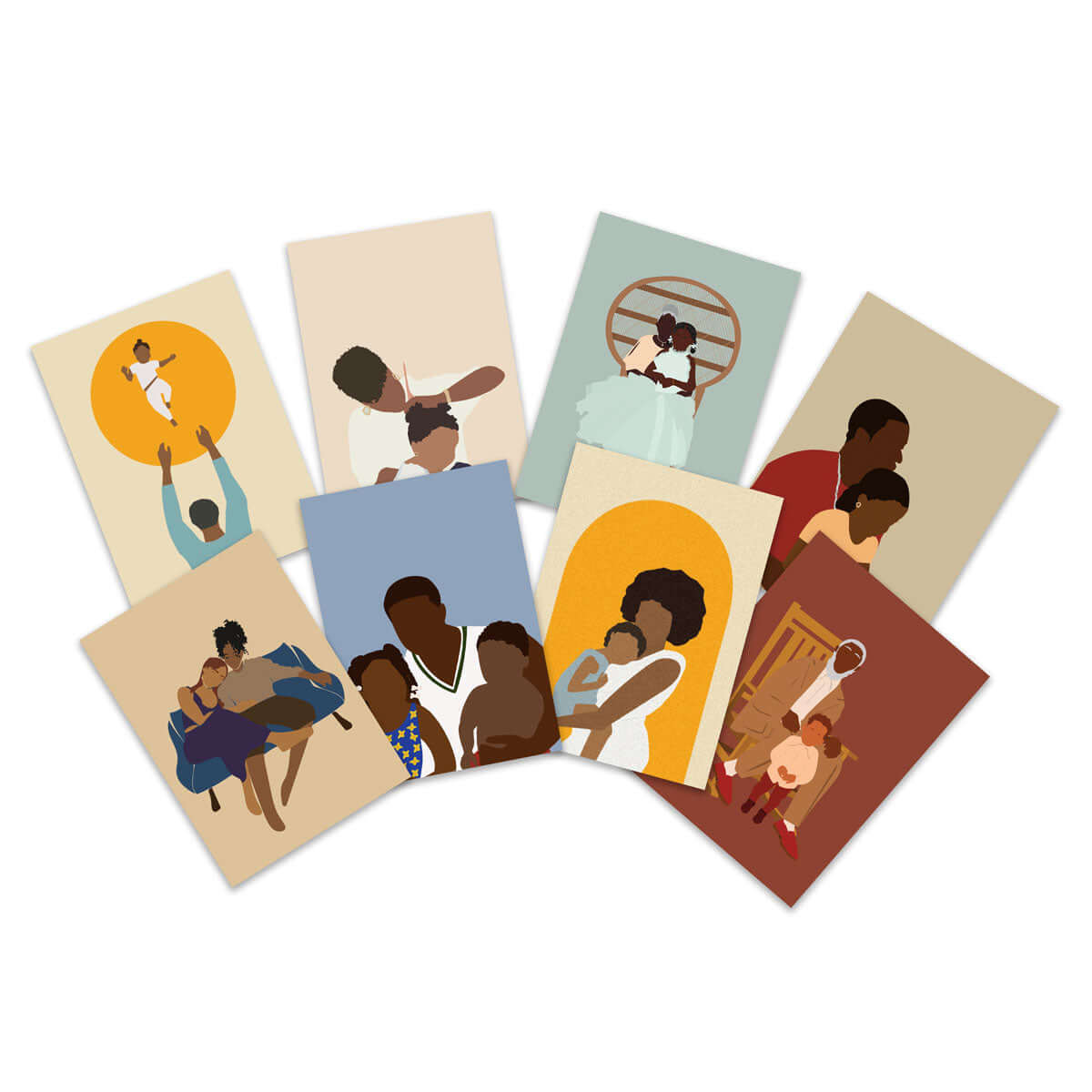 all 8 cards in the kinfolk collection bundle that show illustration of everyday family life
