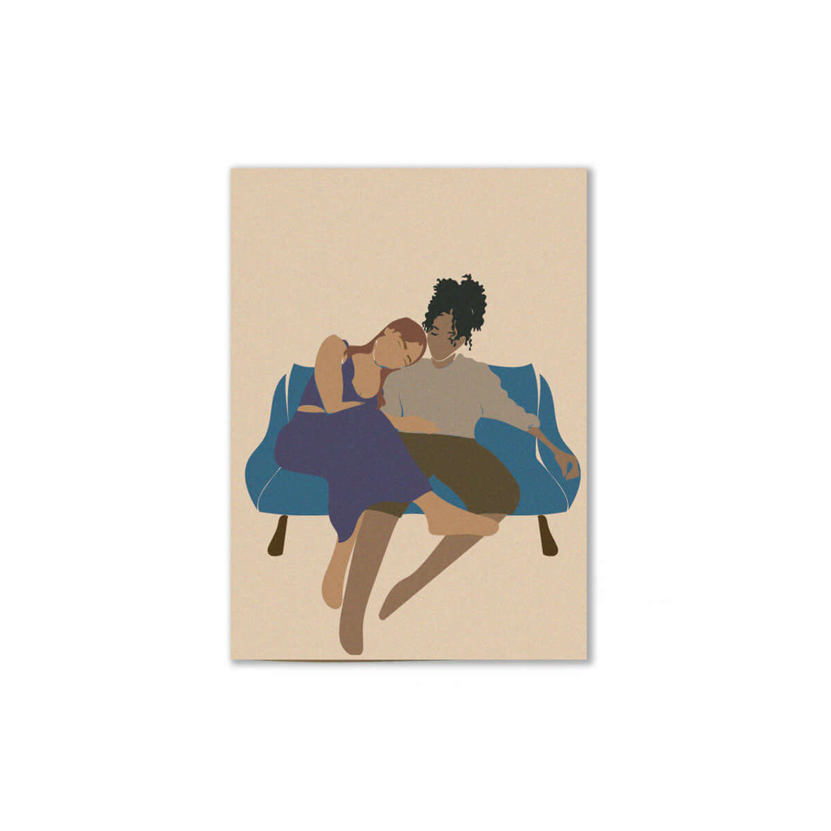 kinfolk card number 6 which shows an illustration of two femme figures cuddling on a couch.