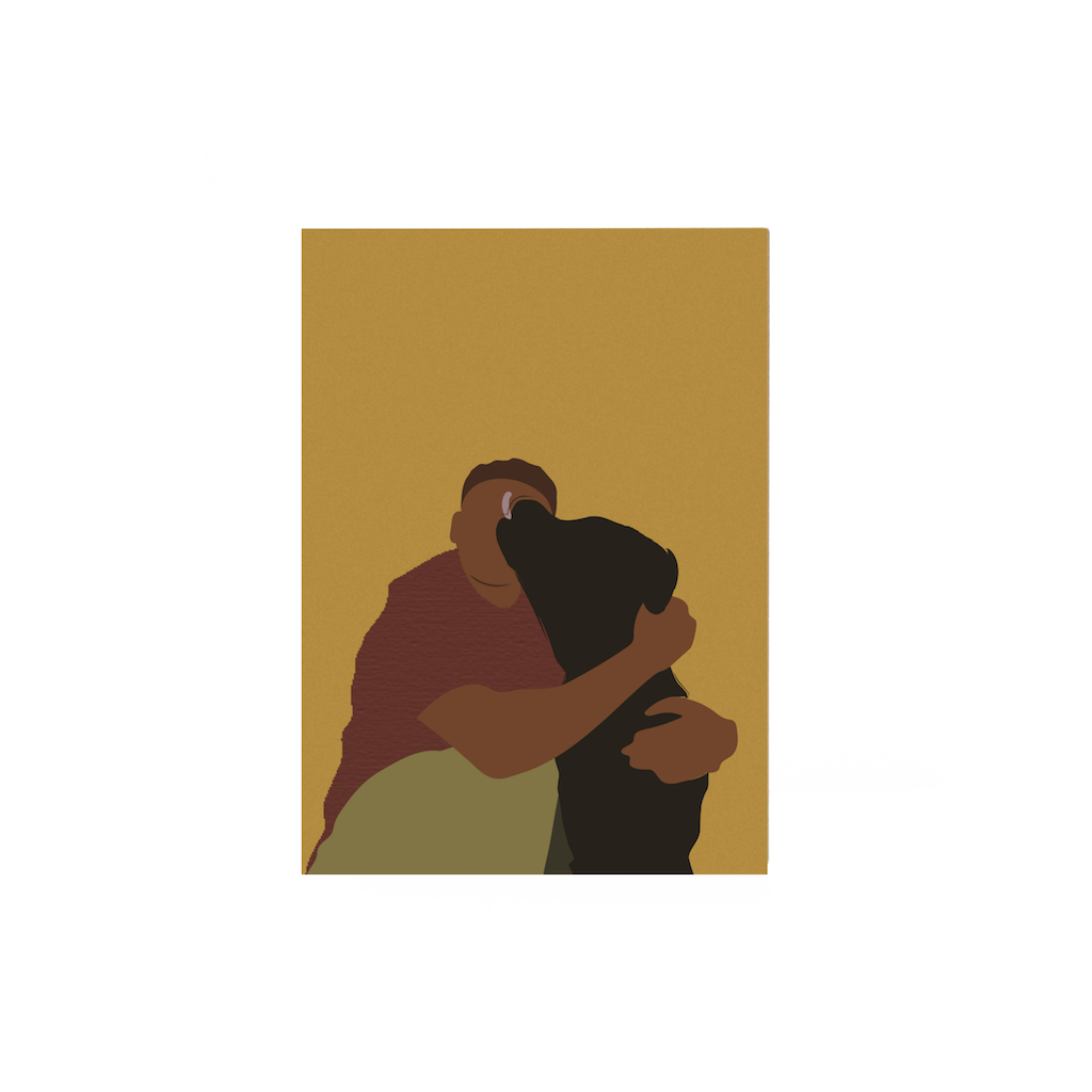 dark yellow card that illustrates a black man hugging his black dog while the dog licks his face.