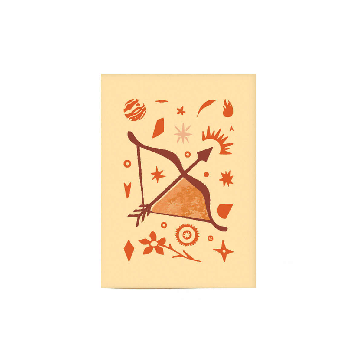 pastel yellow Sagittarius greeting card with brown and orange sagittarius themed illustrations on cover.