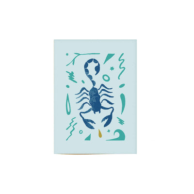 baby blue scorpio greeting card with scorpio illustration on cover