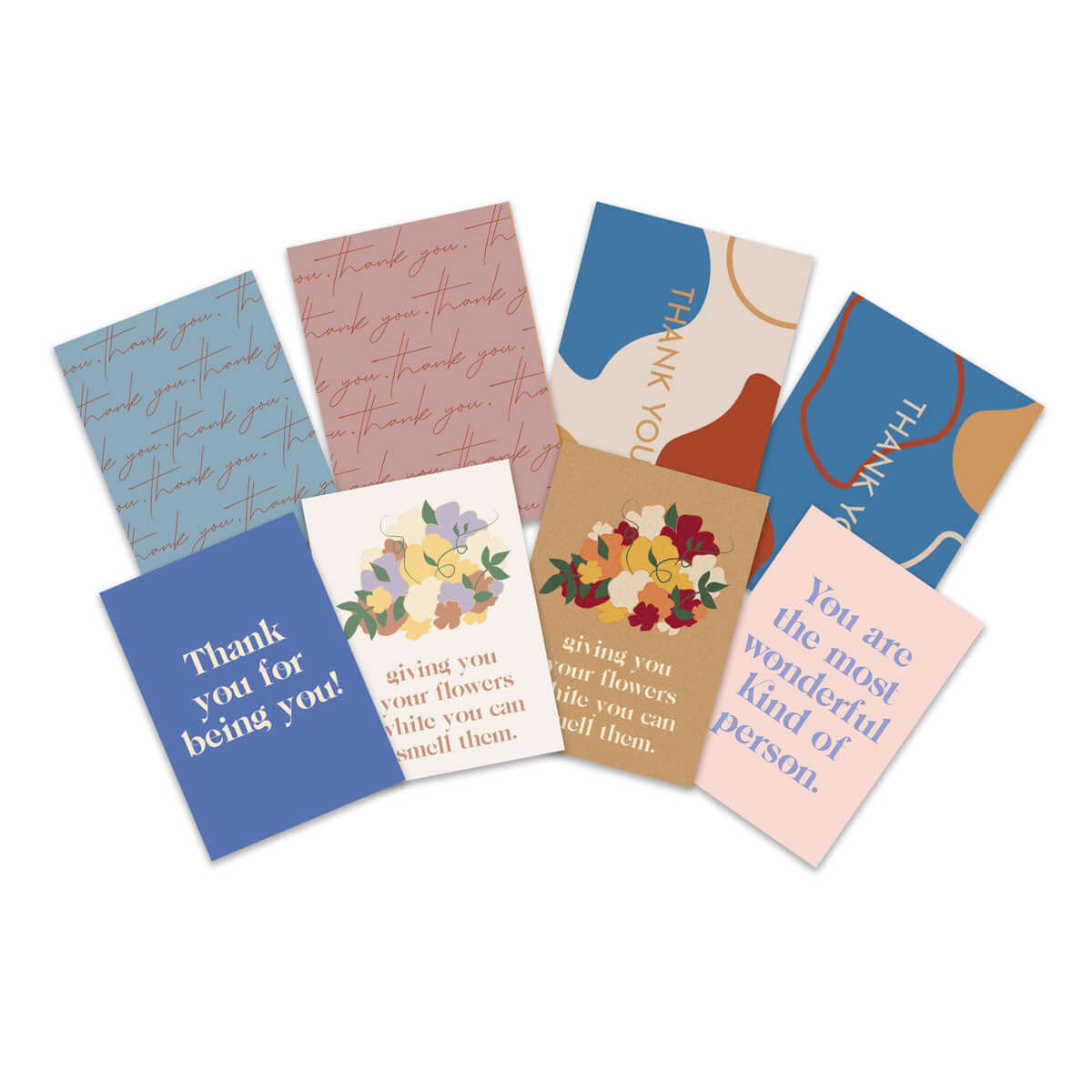full set of 8 Thank you cards showcased next to each other showing everything included in the bundle