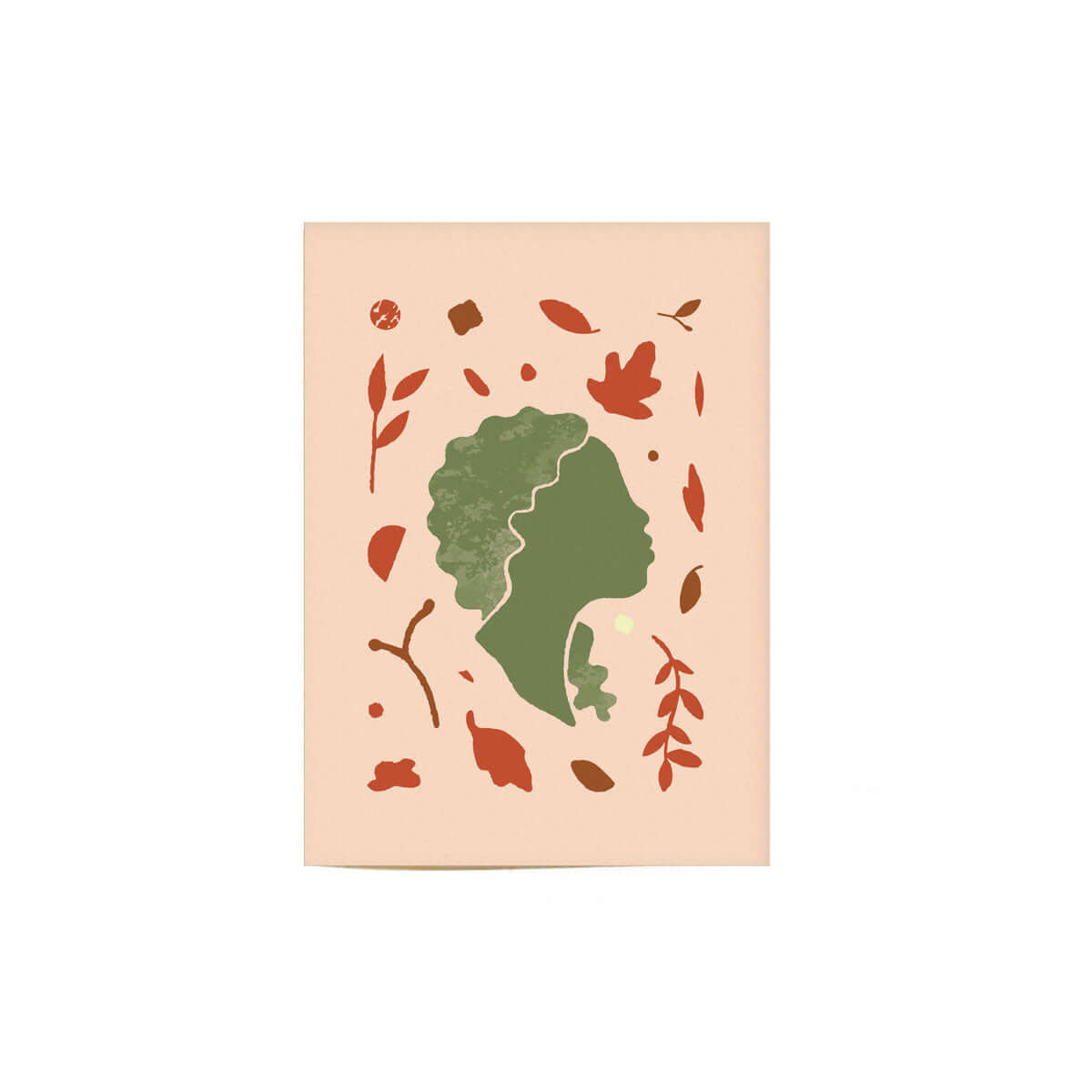 tan colored virgo greeting card with a green virgo illustration on the cover that represent a woman with leaf and branches decorative illustrations