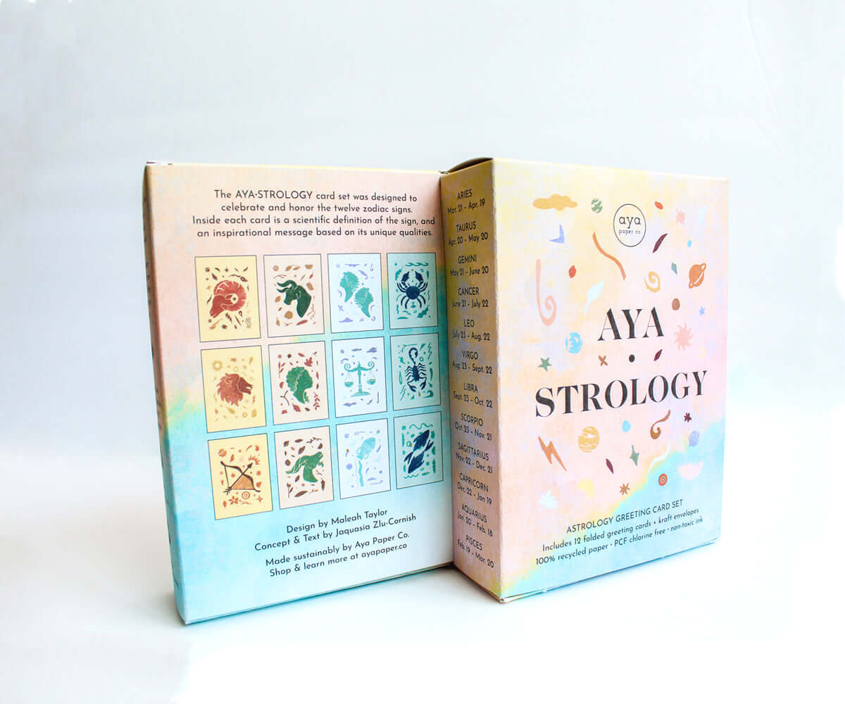 colorful pastel box for astrology greeting card set. Back shows all the astrology designs from the cards.