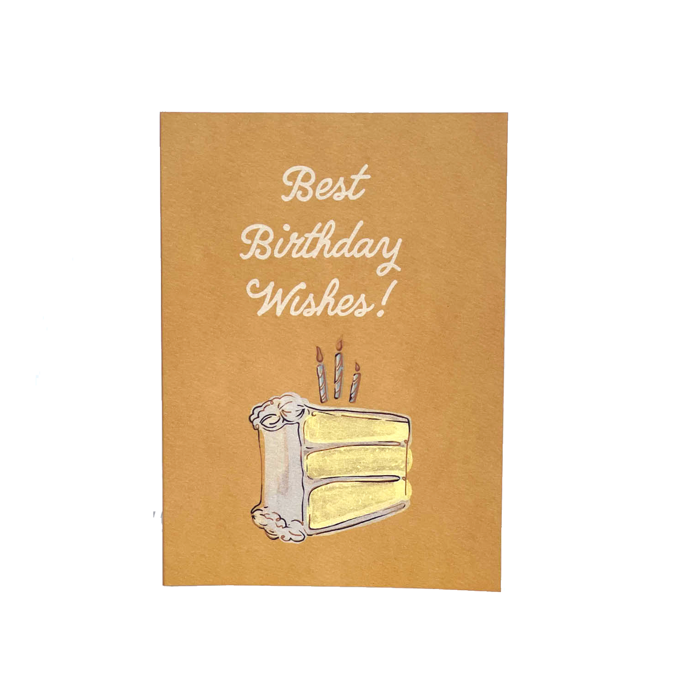 dark yellow best birthday wishes card that reads "Best birthday wishes!" with a slice of cake on cover