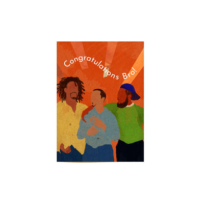vibrant orange congratulations bro card with an illustration of three black friends together