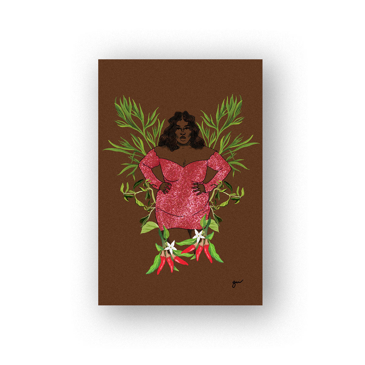 dark brown dreamgirl art print with an illustration of a woman wearing a pink dress and her arms on her hips in front of a botanical design