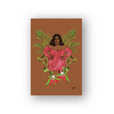 brown dreamgirl art print with an illustration of a woman wearing a pink dress and her arms on her hips in front of a botanical design