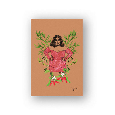 light brown dreamgril art print with an illustration of a woman wearing a pink dress and her arms on her hips in front of a botanical design
