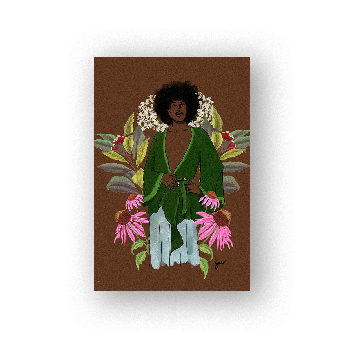 dark brown Elder art print with woman amidst Oregano, Mugwort, and Cayenne plants, representing energy and power. These herbs ease exhaustion, pain, and enhance blood flow