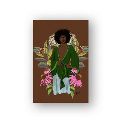dark brown Elder art print with woman amidst Oregano, Mugwort, and Cayenne plants, representing energy and power. These herbs ease exhaustion, pain, and enhance blood flow