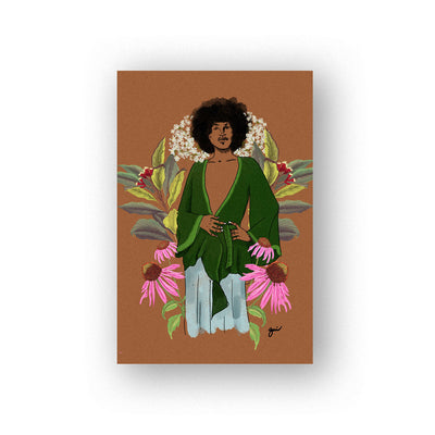 brown elder art print with woman amidst Oregano, Mugwort, and Cayenne plants, representing energy and power. These herbs ease exhaustion, pain, and enhance blood flow