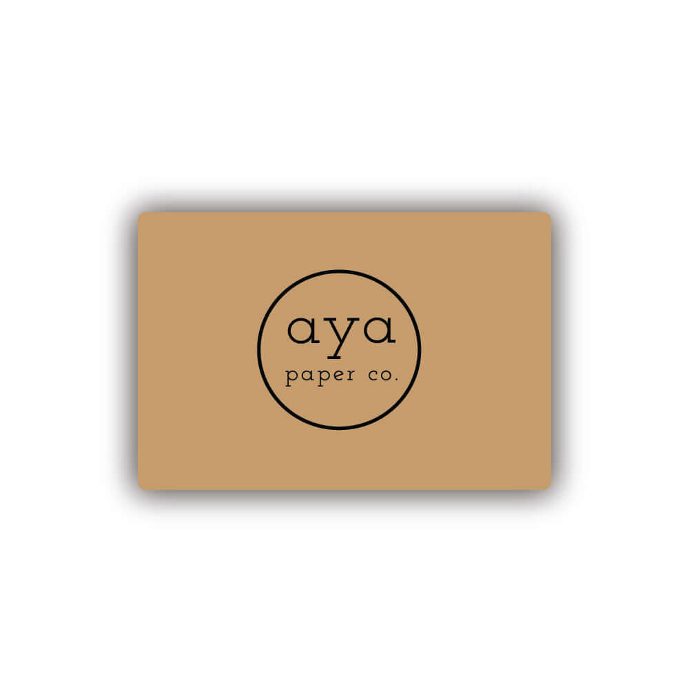 brown minimal design of aya paper co logo on a gift card