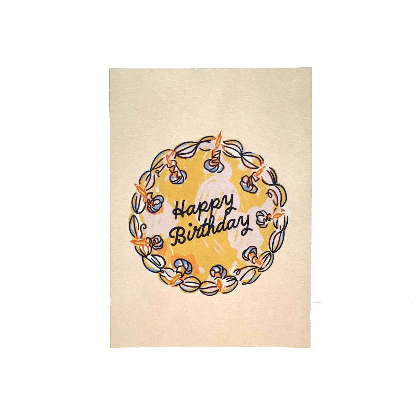 cream colored card that reads "happy birthday!" in black text on top of a cake illustration.