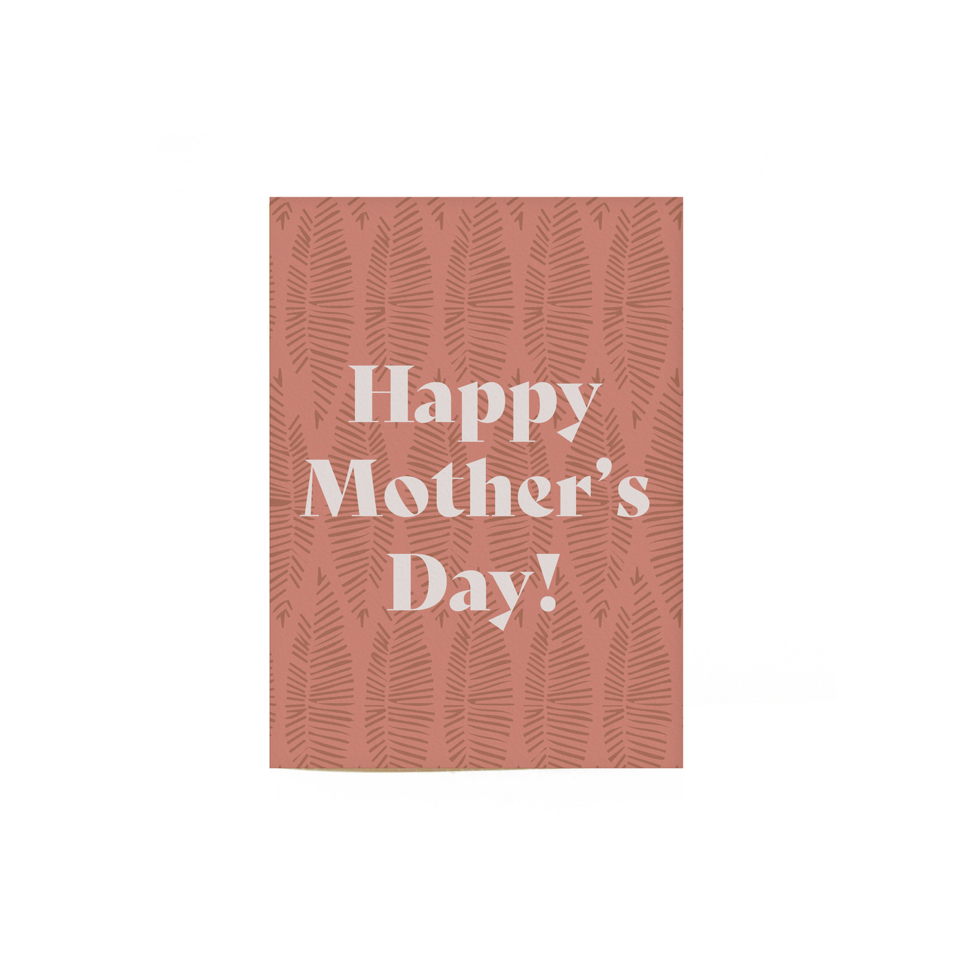 pink Happy Mother's day card that reads "Happy Mothers day!" that has thin green lined leaf illustrations behind the text