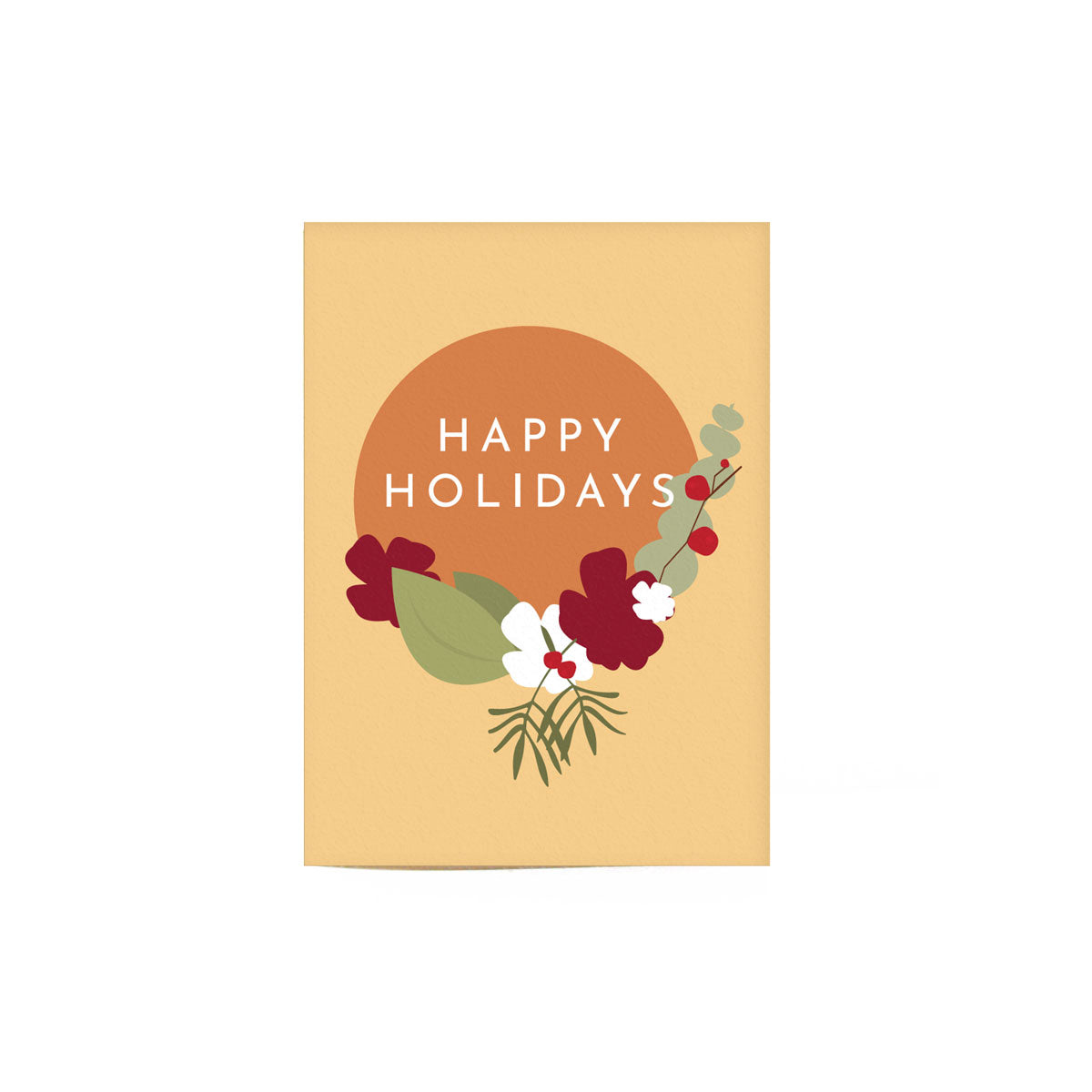 pastel yellow holiday floral greeting card that reads "happy holidays" and illustrates green, red and white flowers.