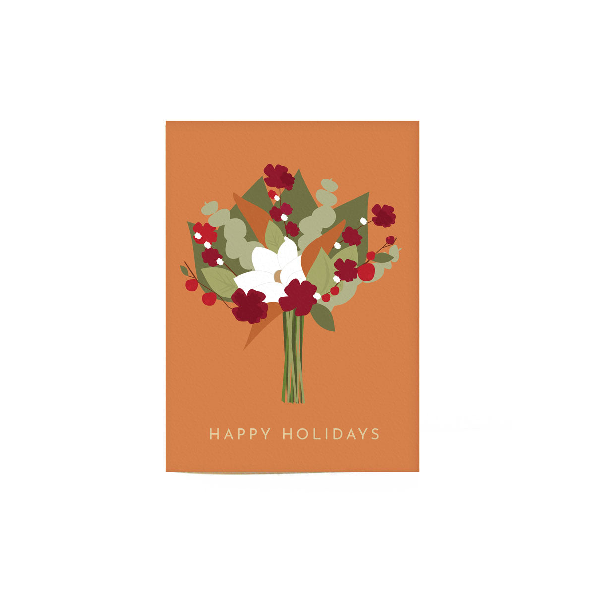 orange Holiday floral greeting card that reads "happy holidays" with an illustration of a bouquet of flowers that are green red and white.