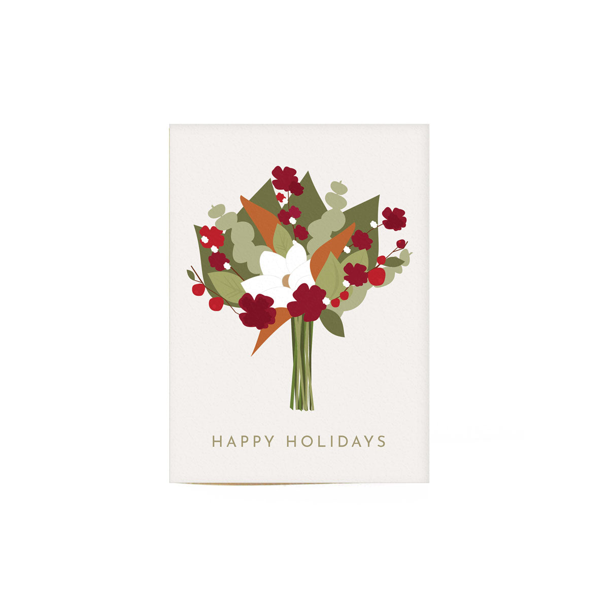 white holiday floral greeting card that reads "happy holidays" with an illustration of a bouquet of flowers that are green, red, and white.