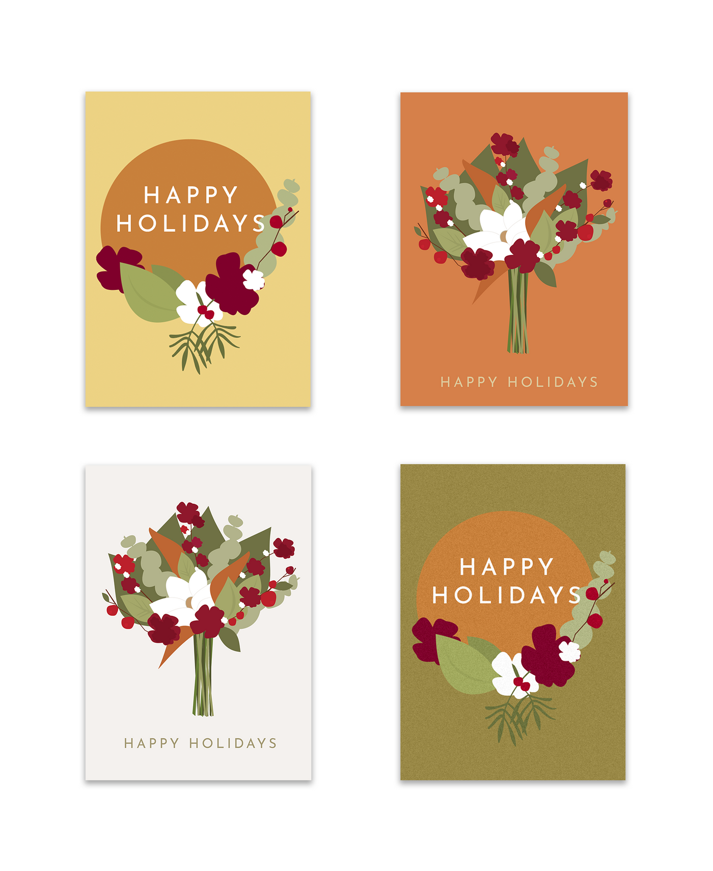 shows all four cards included in holiday floral greeting card set. One orange, one white, one pastel yellow, and one greenish brown.