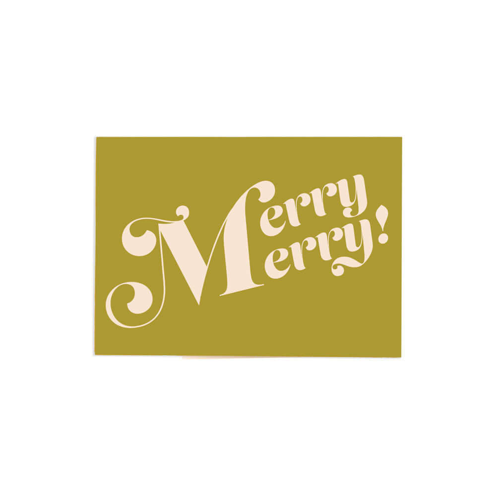 brownish gold "Merry Merry Card" that reads "Merry Merry!" in large cream colored text