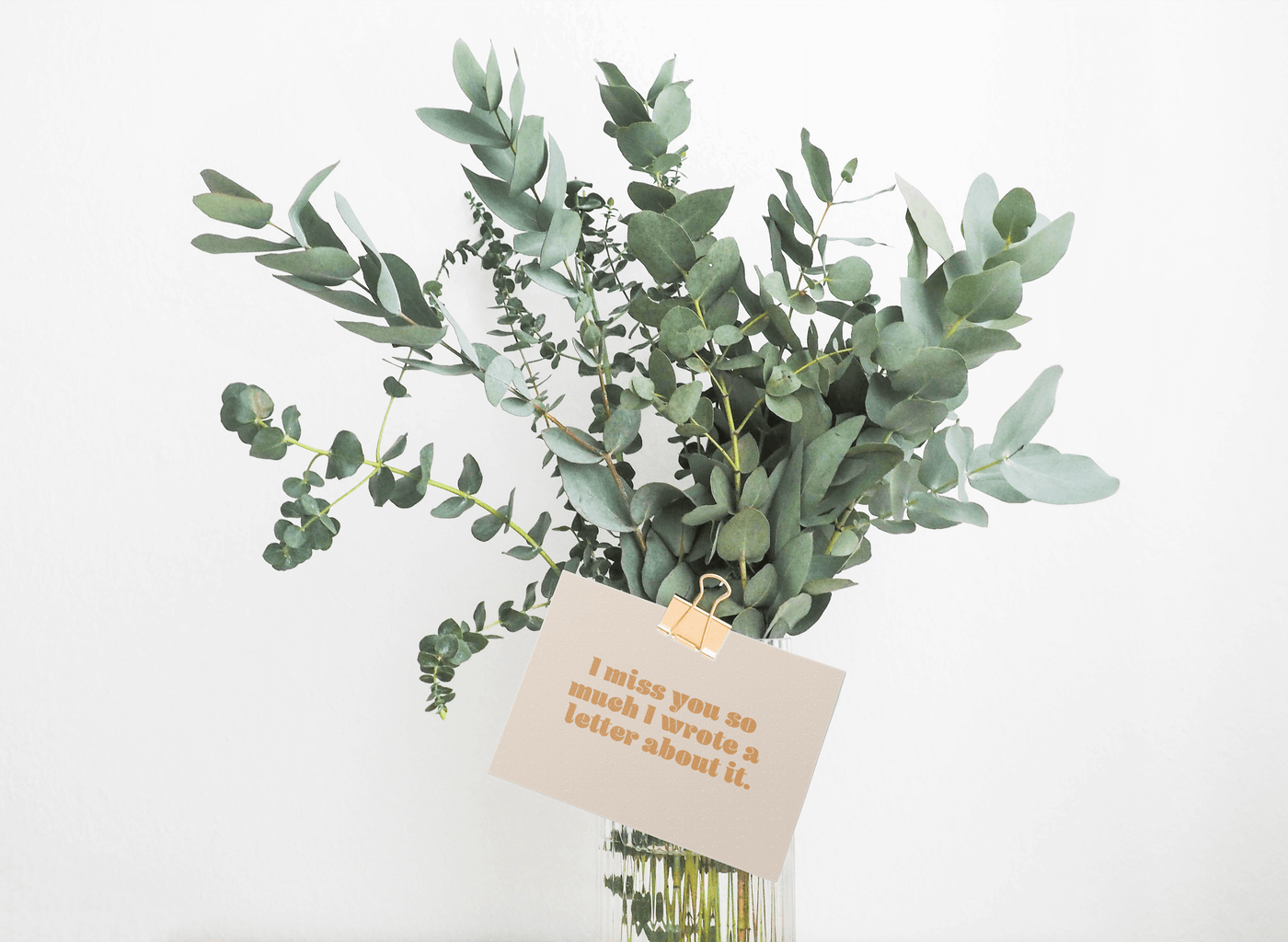 a plant with a card attached to it that is beige horizontal card that reads "I miss you so much I wrote a letter about it". in a yellow brownish text