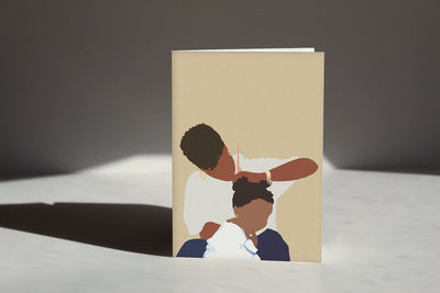 vertical kinfolk card that illustrates a small child getting their hair combed by a parent 