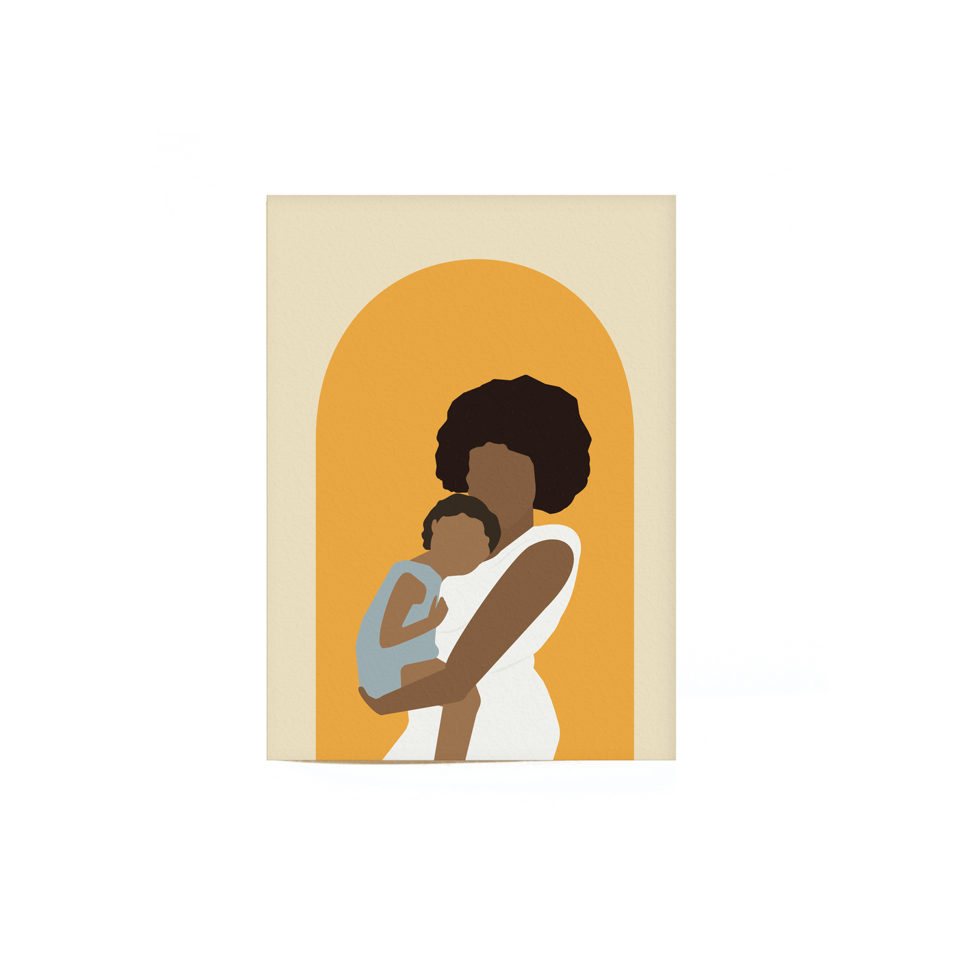 kinfolk card number 4 that illustrates a woman holding a small child in her arms.